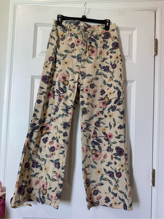 Pants - Floral Wide-Leg Pants - Cream with Pink & Blue Flowers